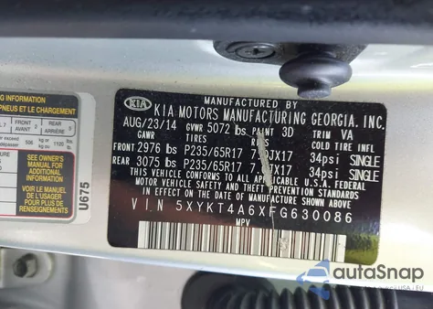 2015 Kia Sorento Lx z USA, uszkodzony, nr VIN 5XYKT4A6XFG630086